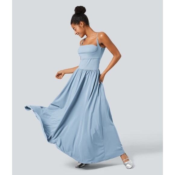 Halara Dresses & Skirts - NWT Halara Breezeful Pocket Flowy Flare Maxi Dress L Ballad Blue Quick Dry